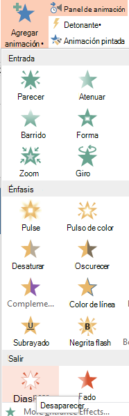 En la pestaña ANIMACIONES, en el grupo Animación avanzada, haga clic en Agregar animación. Tiene muchas opciones de animación.