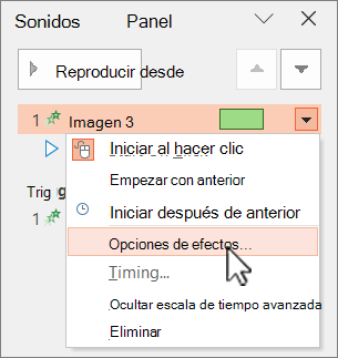 Panel Animación de PowerPoint, haga clic con el botón derecho en opciones de efectos de menú.