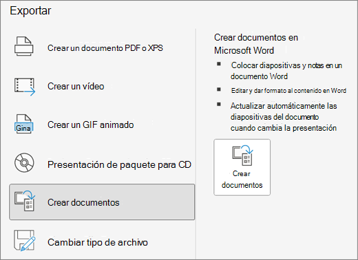 Captura de pantalla del botón Exportar crear documentos.