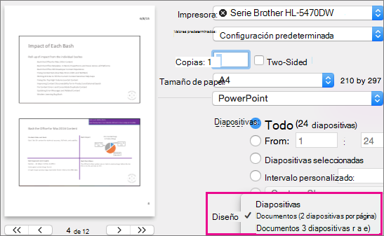 Vista previa de documentos para imprimir de PowerPoint para Mac