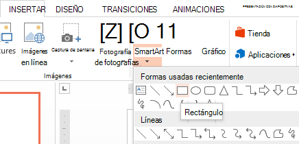 Puede seleccionar una forma, como un rectángulo, en la sección Formas del grupo Ilustraciones.