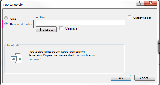 Cuadro de diálogo Insertar objeto con la opción Crear desde archivo seleccionada
