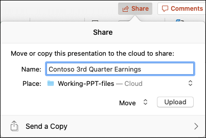 Cuadro de diálogo que ofrece cargar la presentación en el almacenamiento en la nube de Microsoft para compartirla sin problemas.