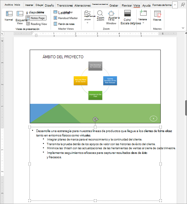 Captura de pantalla que muestra una diapositiva en un conjunto de diapositivas de PowerPoint con sus notas asociadas.