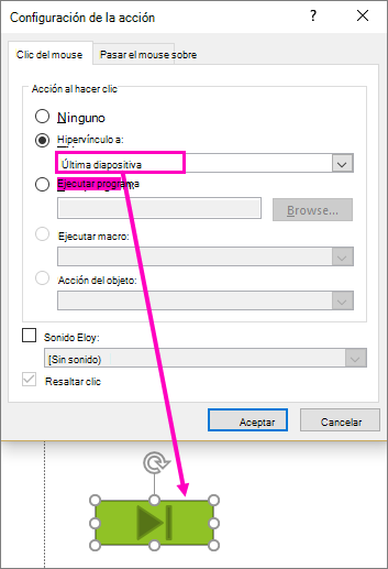 Muestra el cuadro de diálogo para configurar los Botones de acción en PowerPoint