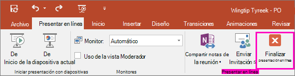 Muestra el botón Finalizar presentación en línea de PowerPoint