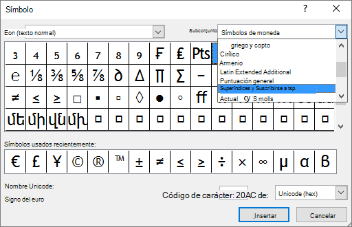 Muestra el subconjunto Subíndice y Superíndice en el diálogo Símbolo en PowerPoint.