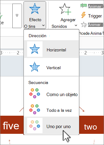 El menú Opciones de efectos en la pestaña Animaciones en PowerPoint.