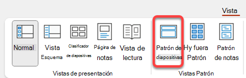 El botón Patrón de diapositivas en la pestaña Vista de PowerPoint.