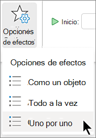 El menú Opciones de efectos en la pestaña Animaciones en PowerPoint.