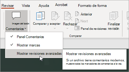 Seleccione Mostrar revisiones avanzadas