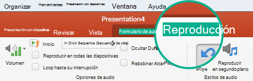 Al seleccionar un clip de audio en una diapositiva, se muestra la pestaña Reproducción en la cinta de opciones de la barra de herramientas para establecer opciones de reproducción.