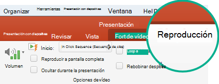 Al seleccionar un vídeo en una diapositiva, se muestra la pestaña Reproducción en la cinta de opciones de la barra de herramientas, que le permite establecer opciones de reproducción de vídeo.