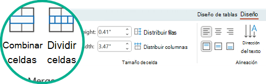Los comandos Combinar celdas y Dividir celdas se encuentran en la pestaña Diseño de PowerPoint.