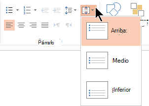 El menú Alinear texto de la cinta le permite decidir si el texto está alineado verticalmente a la parte superior o inferior de su contenedor, o bien centrado verticalmente en el medio.
