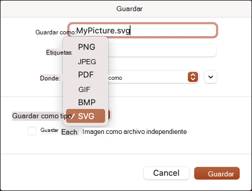 Cuadro de diálogo Guardar como en PowerPoint 2021 para Mac con la opción SVG seleccionada