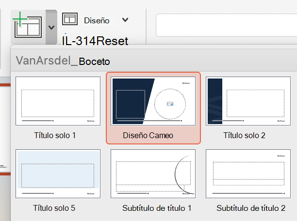 El diseño de Cameo recién creado aparece en las opciones de diseño de diapositiva.