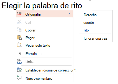 Captura de pantalla del menú contextual de ortografía.