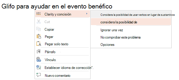 Captura de pantalla del menú contextual de estilo de escritura.