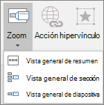 Muestra diferentes tipos de vistas generales que se pueden seleccionar al ir a Insertar > vista general: Vista general de resumen, Vista general de diapositiva y Vista general de sección.