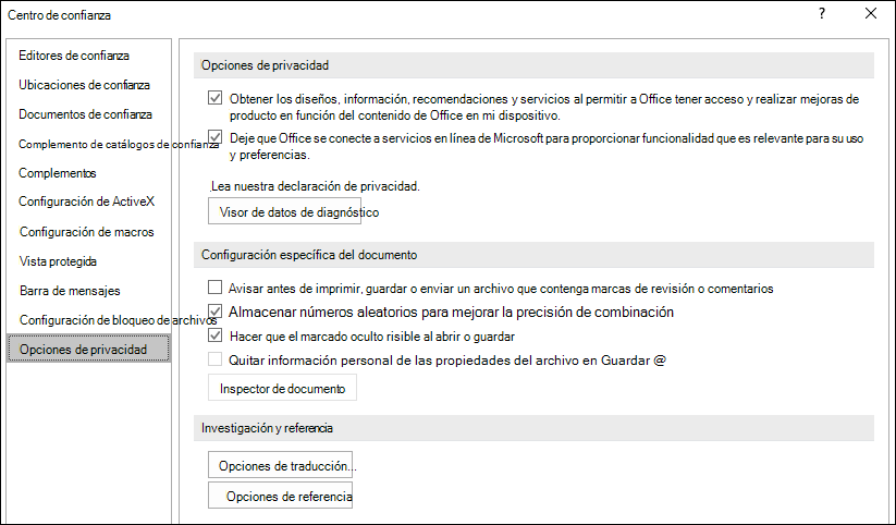 Opciones de privacidad del Centro de confianza de Office