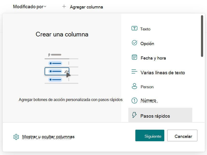 Captura de pantalla que muestra menú para seleccionar la columna de pasos rápidos.