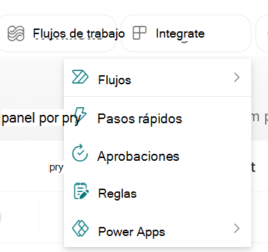 Captura de pantalla que muestra el menú desplegable Integrar.