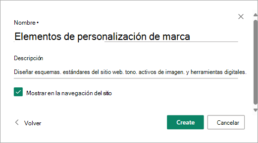 Una vez que haya rellenado el nombre y la descripción de la biblioteca que desee, seleccione Crear.