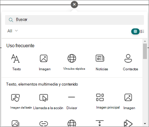 Seleccione el círculo de una página de SharePoint que esté editando para ver los elementos web disponibles.