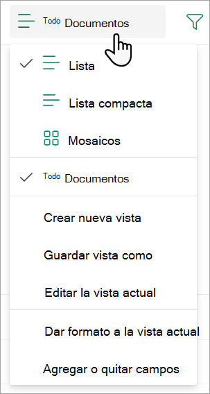 Captura de pantalla que muestra la lista desplegable de la vista Todos los documentos usada para cambiar una vista de lista.