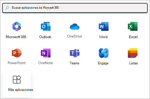 Una selección de aplicaciones de Microsoft 365. El último icono es Más aplicaciones.