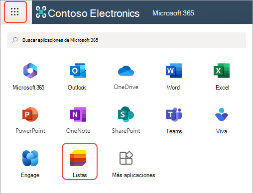 Captura de pantalla del iniciador de aplicaciones y la aplicación Listas en Microsoft 365.