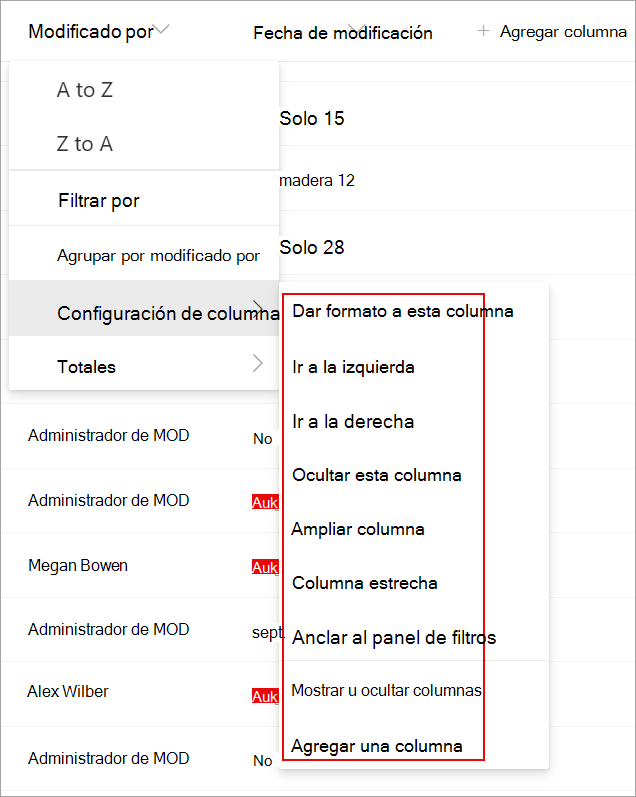 Captura de pantalla que muestra la configuración de columna en una lista que puede usar para modificar la lista.