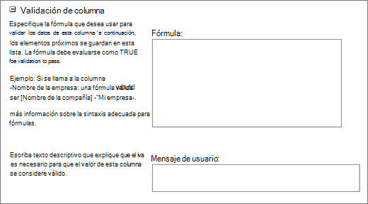 captura de pantalla de la fórmula de validación de columna