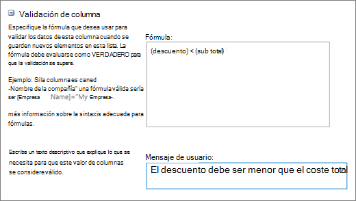 Cuadro de diálogo validación de columna con campos rellenados con datos de ejemplo