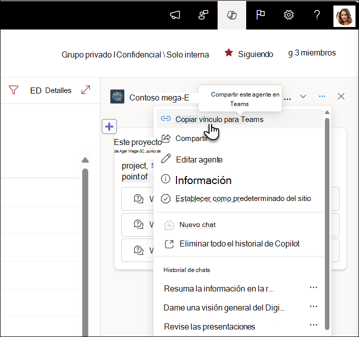 Captura de pantalla de Copiar vínculo para compartir en Teams