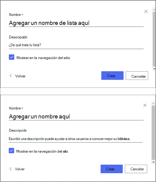 La parte superior de la imagen es una ventana para especificar información para una lista en blanco, y la parte inferior de la imagen es una ventana para crear una biblioteca de documentos.