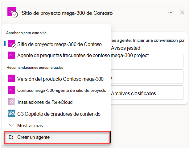 Captura de pantalla de la creación de un nuevo agente de Copilot desde el panel de chat