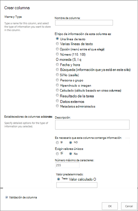 Cuadro de diálogo Crear columna
