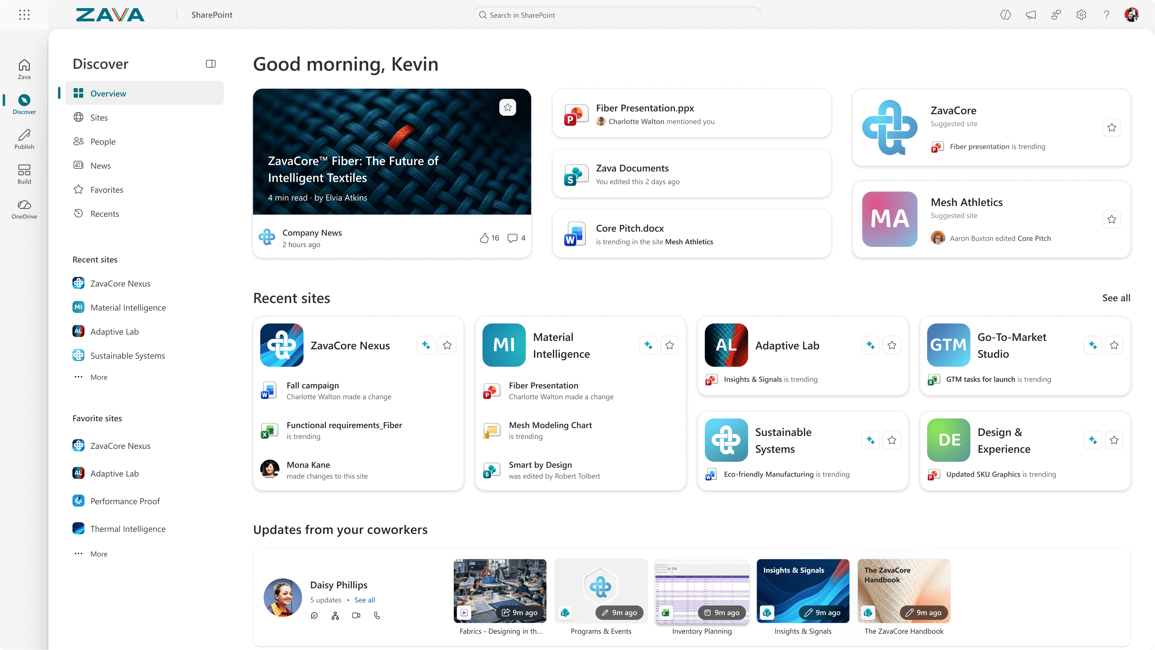Captura de pantalla de Descubrir en SharePoint que muestra la sección Por usted, sitios recientes y actualizaciones de personas con las que trabaja
