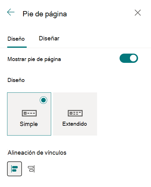 Opciones de alineación del pie de página del sitio en el panel Cambiar la apariencia