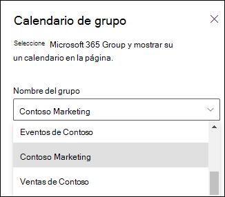 Seleccionar un grupo de Microsoft 365 desde el panel de propiedades.