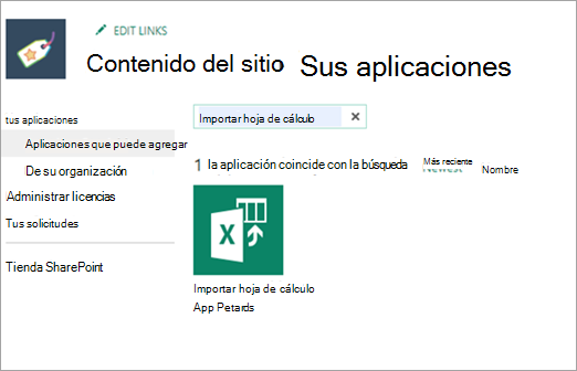 Captura de pantalla de la importación de hoja de cálculo en Aplicaciones que puede agregar.