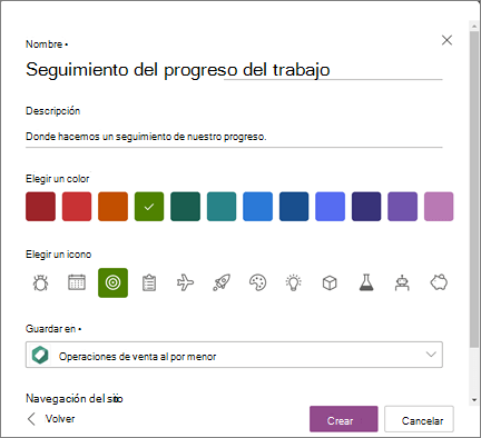 Captura de pantalla de introducción de un nombre de lista y selección de un sitio de SharePoint como ubicación para guardar una lista al crear una lista
