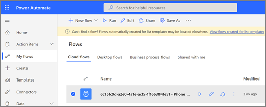 Mis flujos en Power Automate que muestran un flujo creado a partir de una plantilla de lista