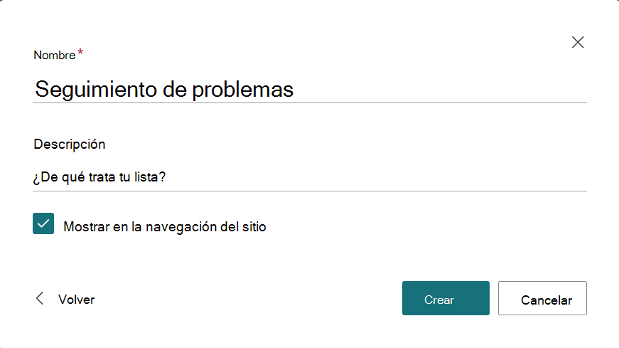 Cuadro de diálogo para proporcionar un nombre y una descripción de la nueva lista