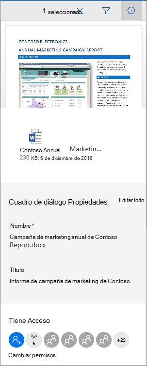 Office 365 panel Metadatos del documento