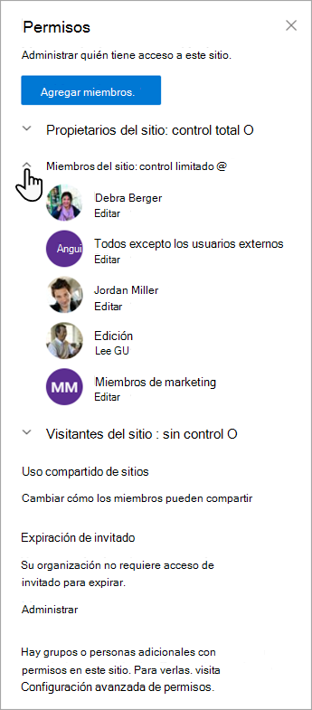 El cuadro de diálogo Permisos que le permite administrar miembros y sus niveles de permisos.