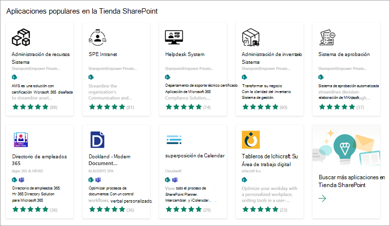 Captura de pantalla que muestra algunas de las aplicaciones populares disponibles para agregar a su sitio desde la Tienda SharePoint.