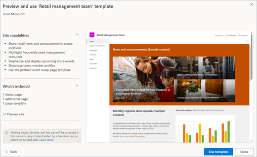 Vista previa de una plantilla de SharePoint de Microsoft.